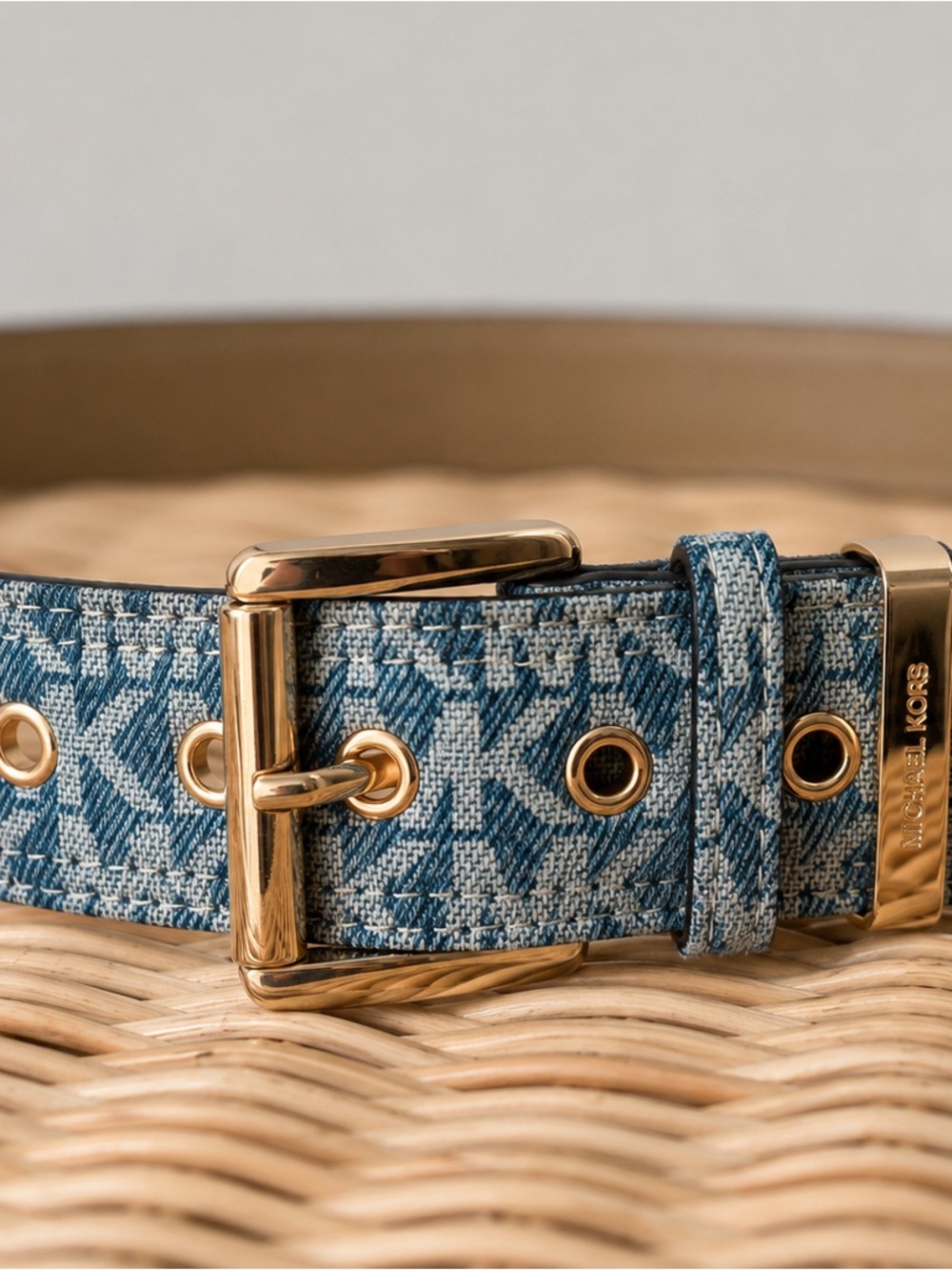 Michael Kors Denim Monogram Belt Gold Buckle NWT - Picture 2 of 6